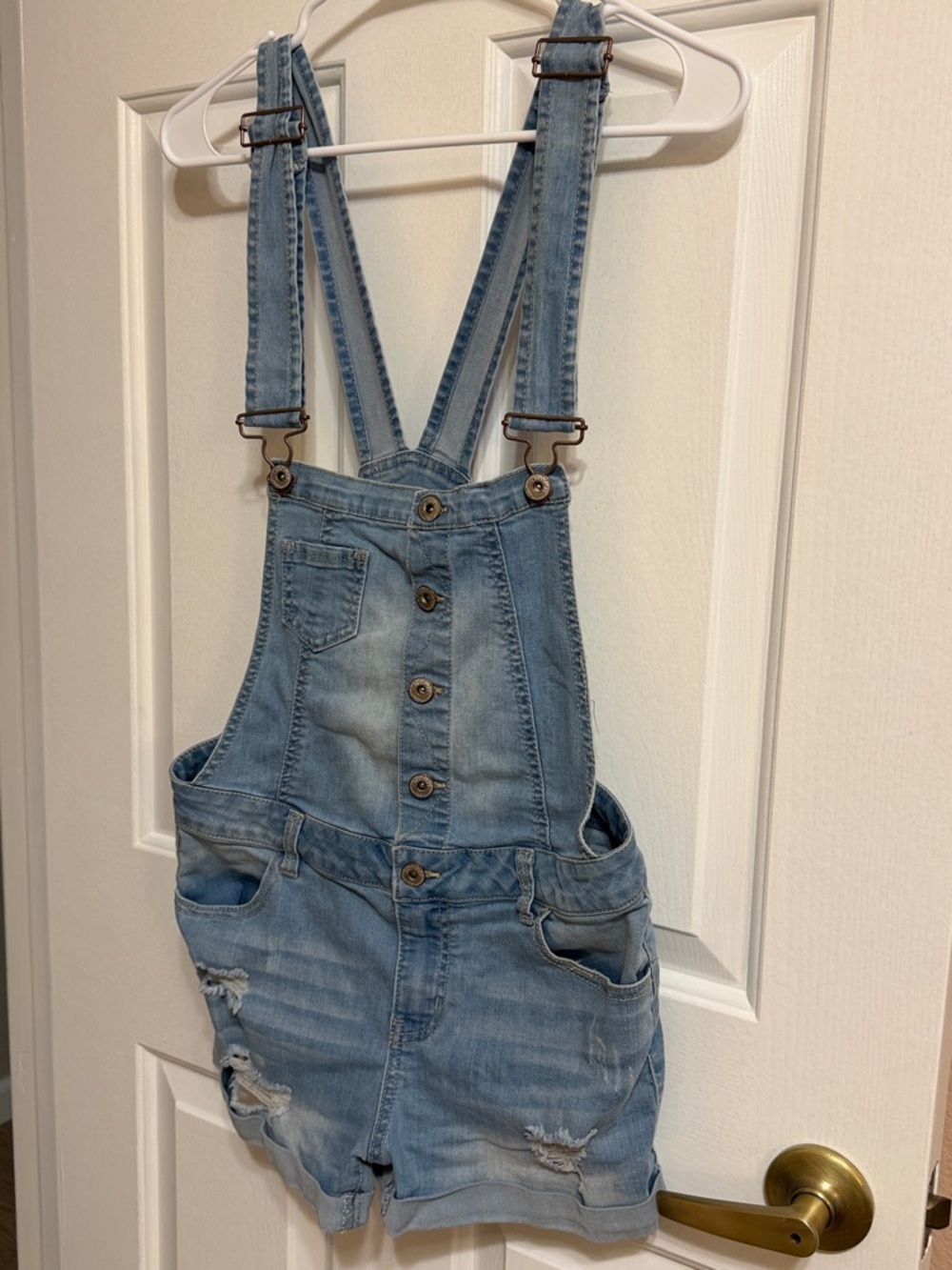 Wax Denim Medium Light Wash Denim Button-Front Short Overalls
